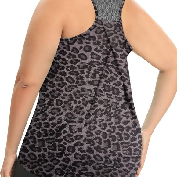 Plus Size Women's Grey Leopard Fit Yoga Racerback Tank Top, Soft, Breathable, Ma - Picture 2 of 5